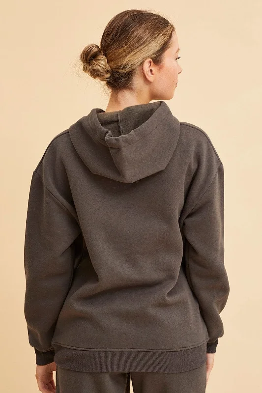 Grey Fleece Hoodie Long Sleeve Cotton