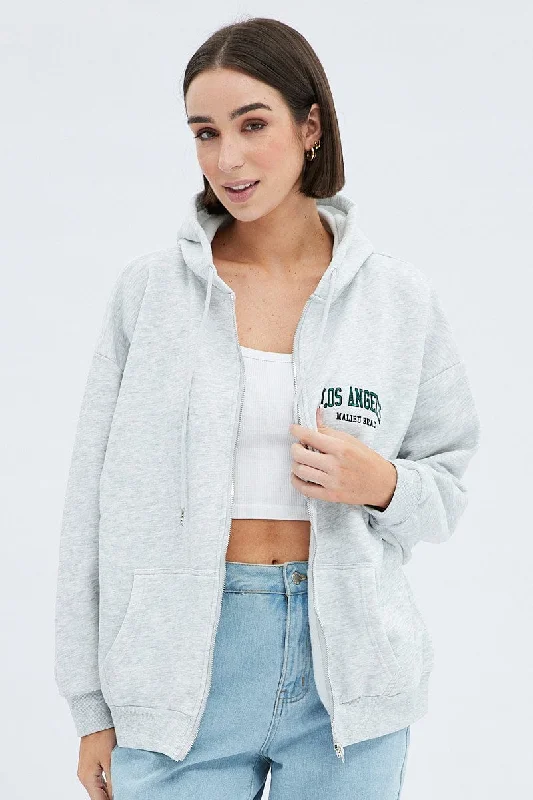 Grey Hoodie Zip Long Sleeves Embroidery