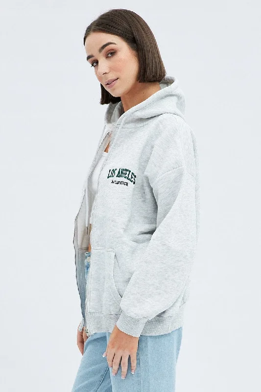 Grey Hoodie Zip Long Sleeves Embroidery