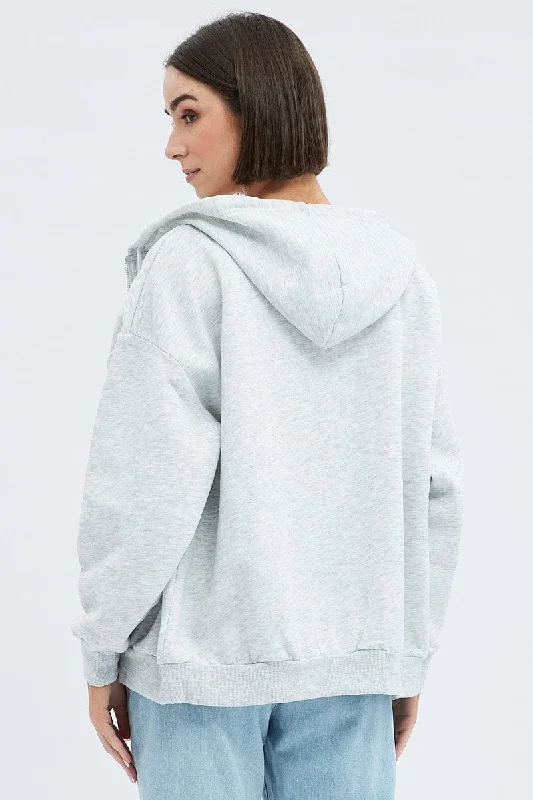 Grey Hoodie Zip Long Sleeves Embroidery