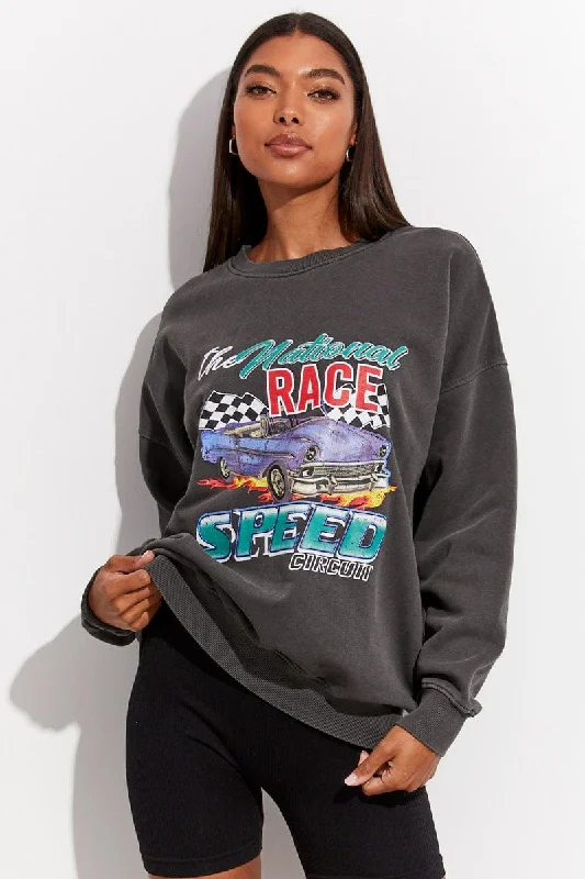 Grey Sweater Long Sleeve Round Neck Printed