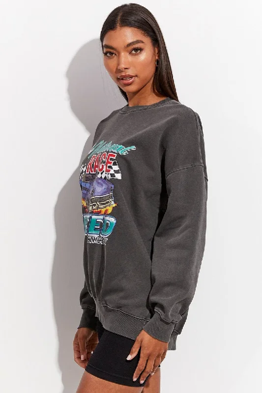 Grey Sweater Long Sleeve Round Neck Printed