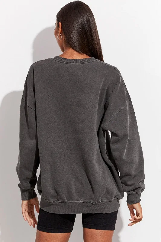 Grey Sweater Long Sleeve Round Neck Printed