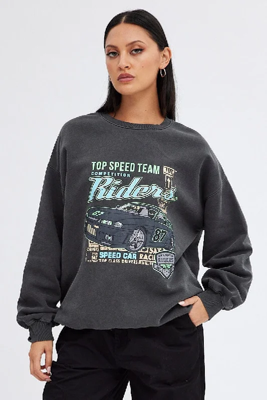 Grey Sweater Long Sleeve Round Neck Printed