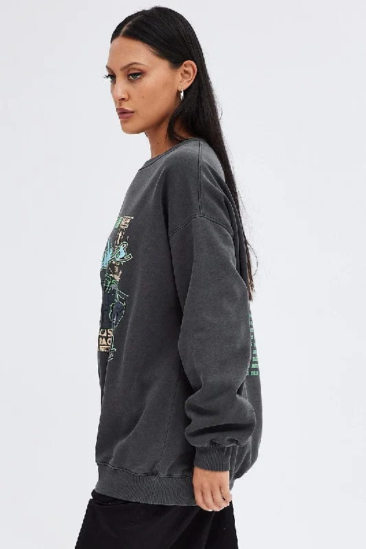 Grey Sweater Long Sleeve Round Neck Printed