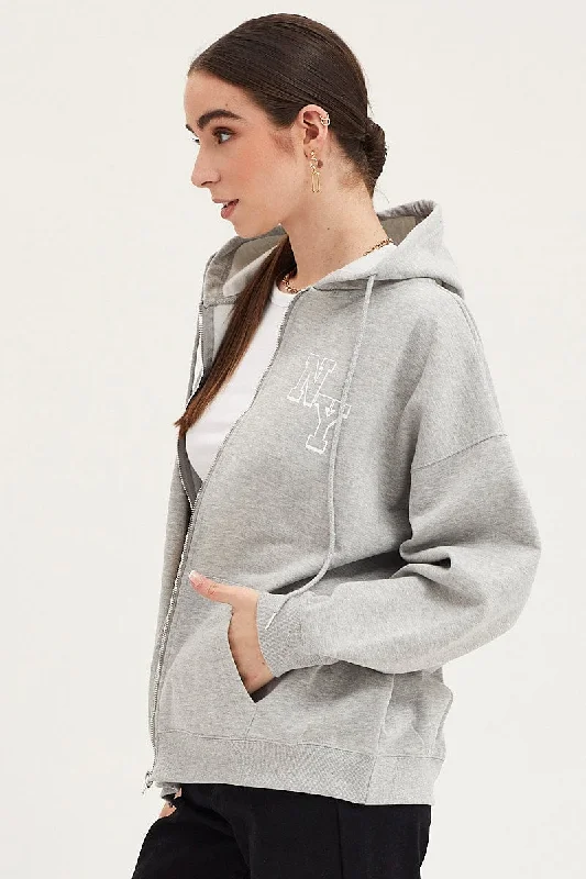 Grey Zip Front Hoodie Long Sleeve