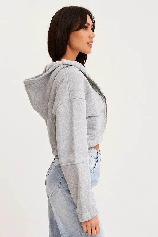 Grey Zip Front Hoodie Long Sleeve