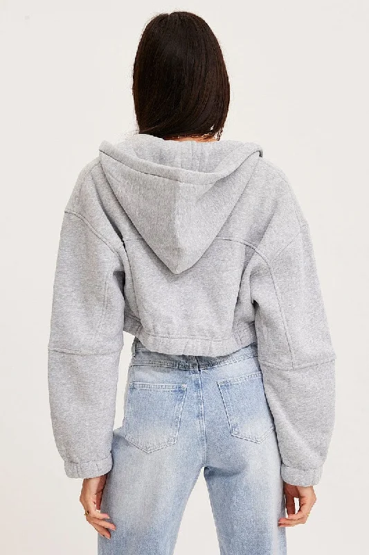 Grey Zip Front Hoodie Long Sleeve