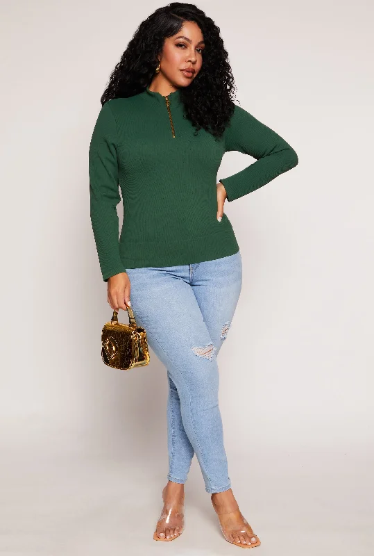 Plus Size Seamless Ribbed Zip Neck Long Sleeve Top