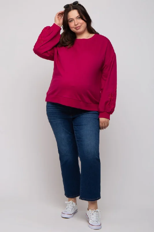 Magenta Embroidered Long Sleeve Plus Maternity Top