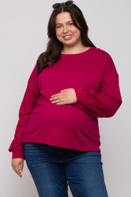 Magenta Embroidered Long Sleeve Plus Maternity Top