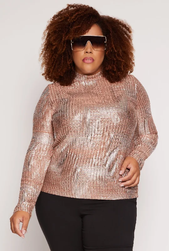 Plus Size Foil Screen Mock Neck Long Sleeve Top