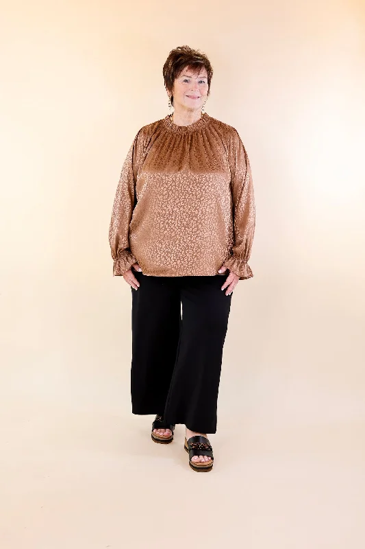 Mood Setter Ruffle Mock Neck Long Sleeve Leopard Print Satin Top in Brown