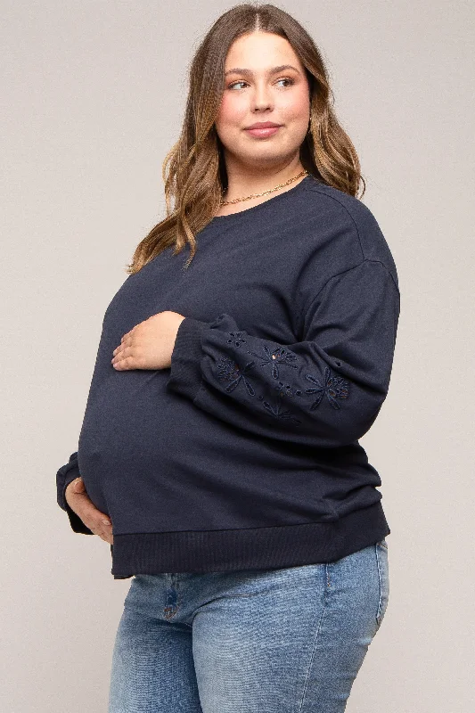 Navy Embroidered Long Sleeve Plus Maternity Top