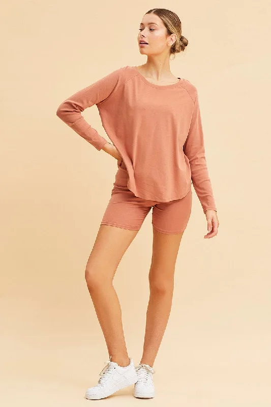 Orange Cotton Top Long Sleeve Relaxed Fit Curved Hem