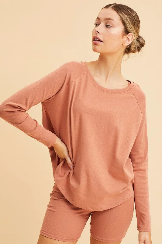 Orange Cotton Top Long Sleeve Relaxed Fit Curved Hem