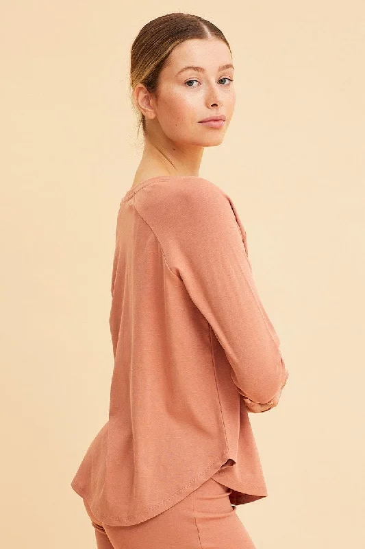 Orange Cotton Top Long Sleeve Relaxed Fit Curved Hem