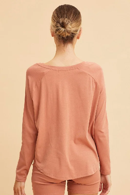 Orange Cotton Top Long Sleeve Relaxed Fit Curved Hem