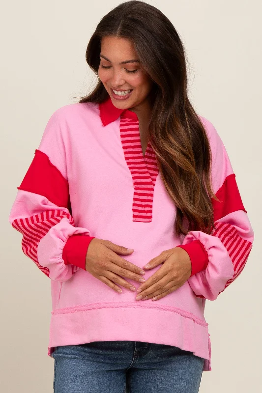 Pink Colorblock Striped Maternity Long Sleeve Top