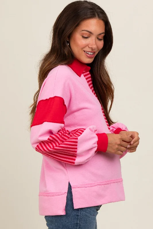 Pink Colorblock Striped Maternity Long Sleeve Top