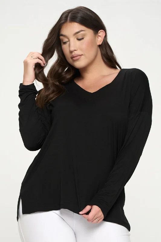 Plus Size Basic V-Neck Solid Long Sleeve Top