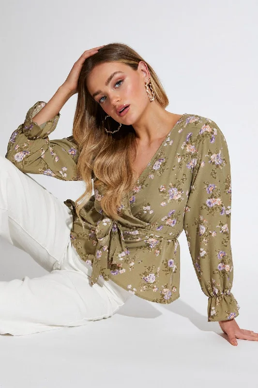 Print Wrap Top Long Sleeve