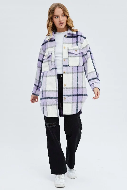 Purple Check Long Checked Print Jacket Long Sleeves