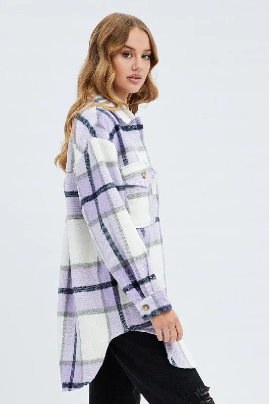 Purple Check Long Checked Print Jacket Long Sleeves