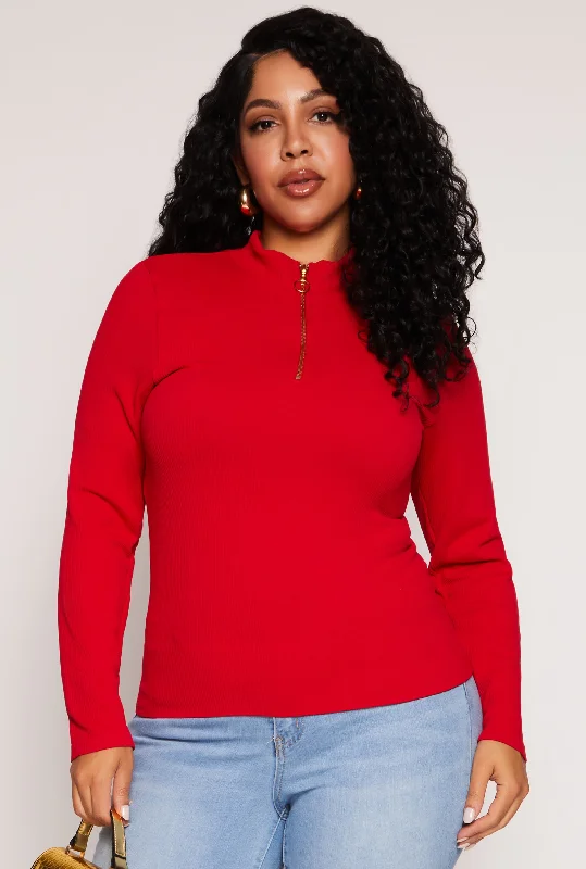 Plus Size Seamless Ribbed Zip Neck Long Sleeve Top