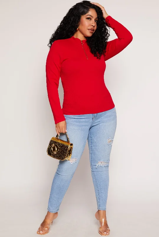 Plus Size Seamless Ribbed Zip Neck Long Sleeve Top