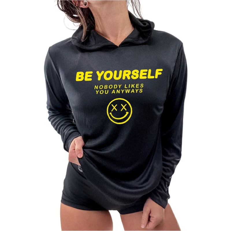 Salty Savage Unisex “BE YOURSELF” Long Sleeve Hooded Performance UPF 50+ Tee | Black/Yellow