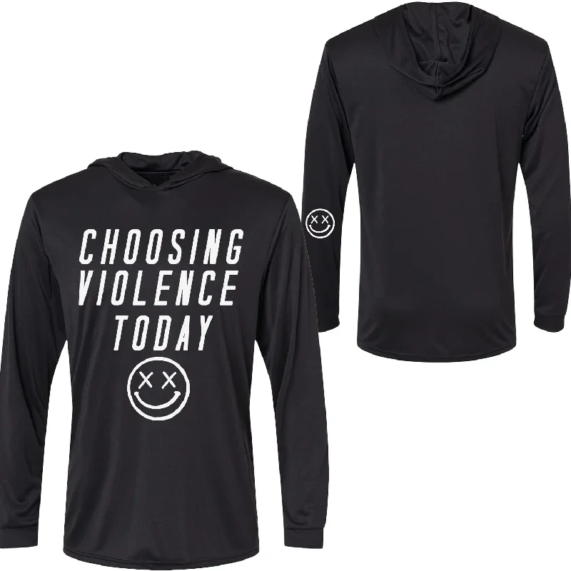 Salty Savage Unisex “CHOOSING VIOLENCE TODAY” Long Sleeve Hooded Performance UPF 50+ Fishing Tee | Black