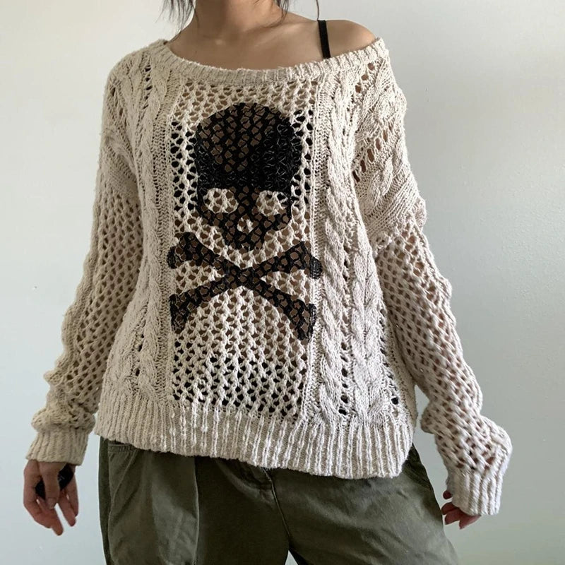 Skull Print Hollow Out Long Sleeve Knitted Sweater