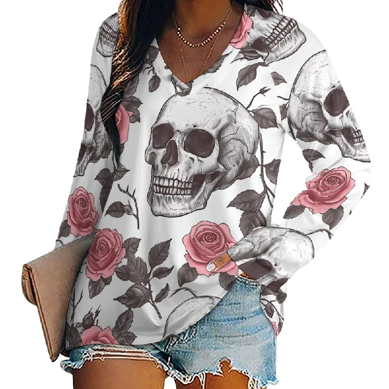 Women's Skull Pink Roses Long Sleeve Loose Tee