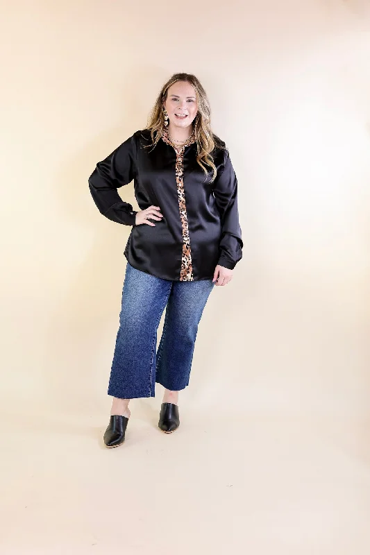 Sugar On Top Long Sleeve Button Up Satin Top with Leopard Print Trim in Black