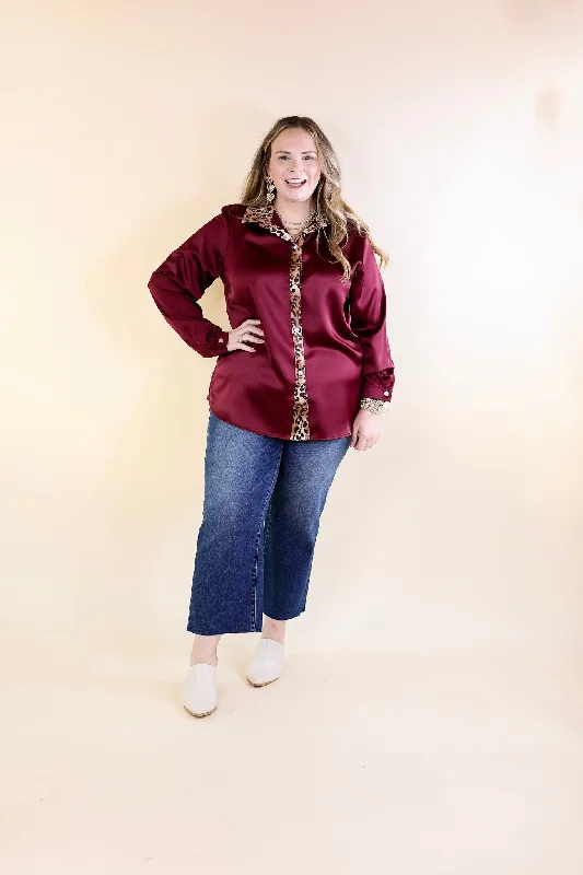 Sugar On Top Long Sleeve Button Up Satin Top with Leopard Print Trim in Maroon