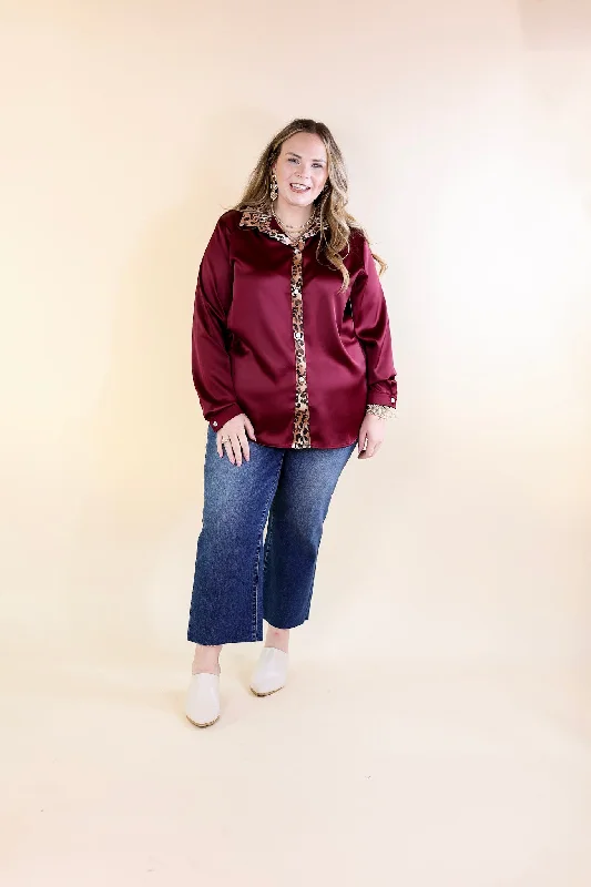 Sugar On Top Long Sleeve Button Up Satin Top with Leopard Print Trim in Maroon