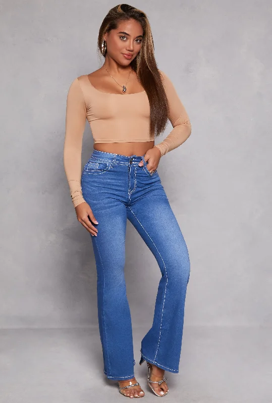 Daisy Scoop Neck Long Sleeve Crop Top