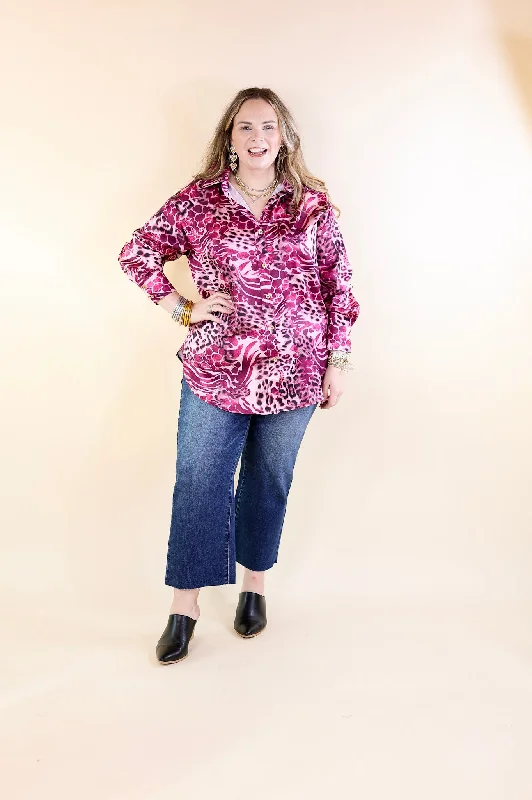 Tell Me Something Good Mixed Animal Print Long Sleeve Button Up Top in Magenta Purple