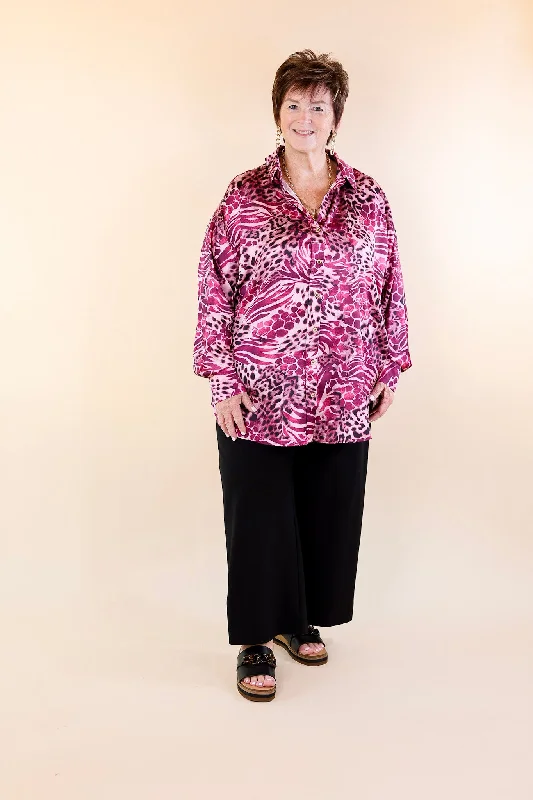 Tell Me Something Good Mixed Animal Print Long Sleeve Button Up Top in Magenta Purple