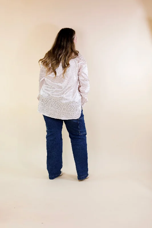 Top It Off Long Sleeve Button Up Satin Leopard Print Top in Ivory