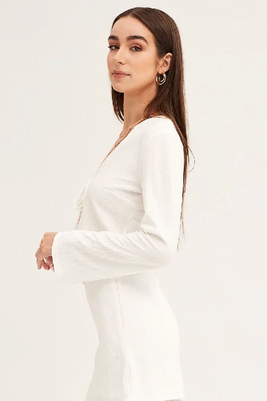 White Long Sleeve Tie Front Textured Tie Top