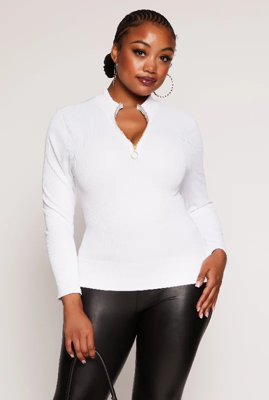 Plus Size Seamless Ribbed Zip Neck Long Sleeve Top