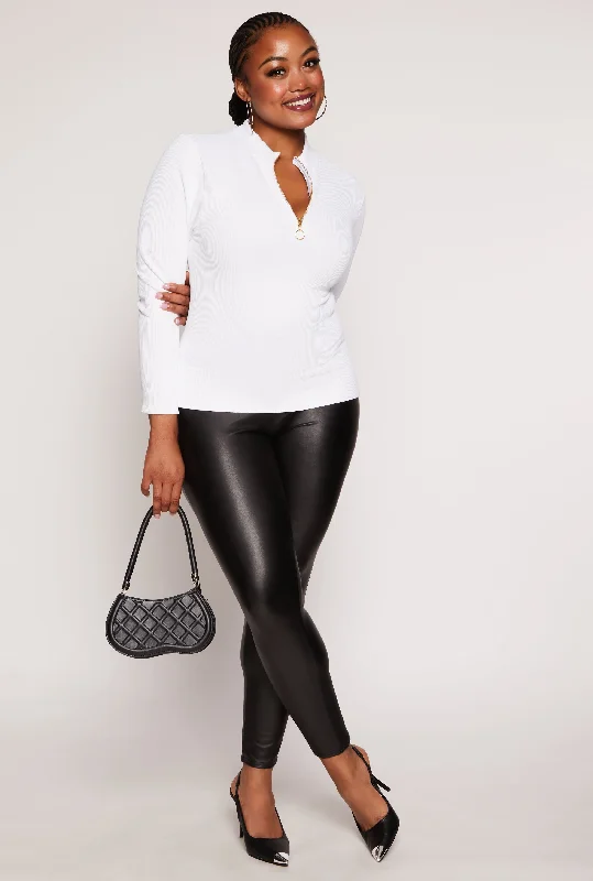 Plus Size Seamless Ribbed Zip Neck Long Sleeve Top