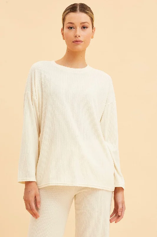 White Rib Top Long Sleeve Crew Neck Brushed