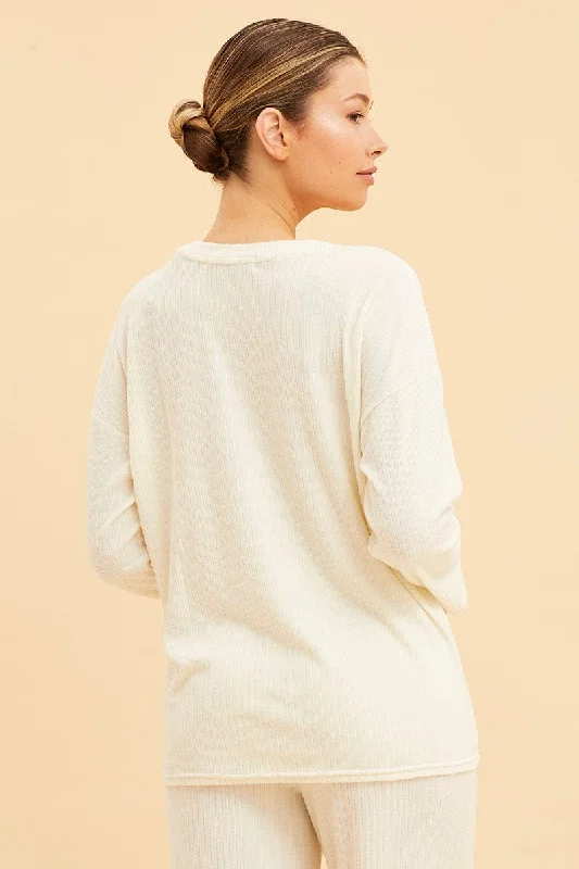 White Rib Top Long Sleeve Crew Neck Brushed