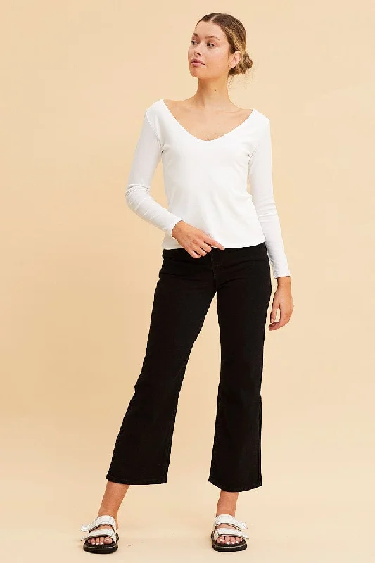 White V Neck Top Long Sleeve Cotton Stretch