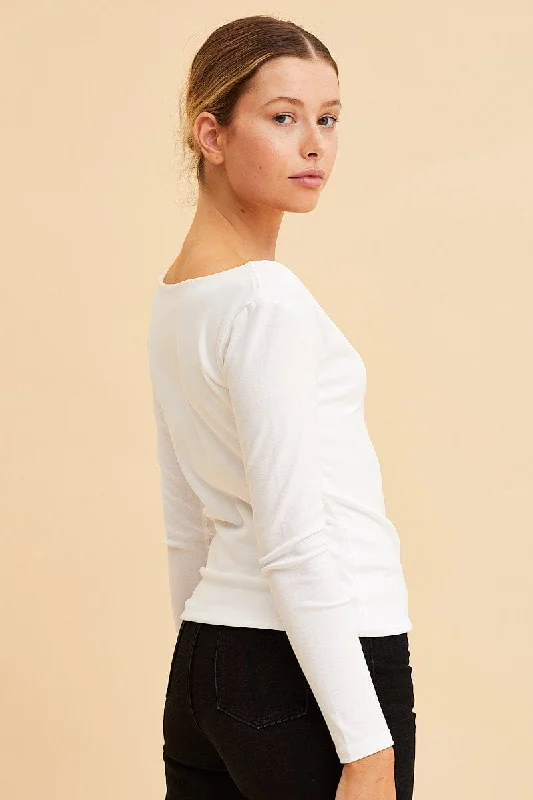 White V Neck Top Long Sleeve Cotton Stretch