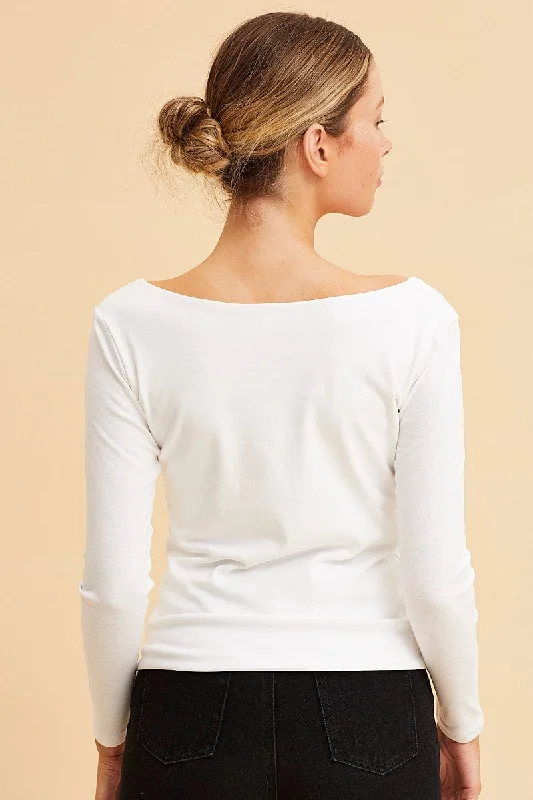 White V Neck Top Long Sleeve Cotton Stretch