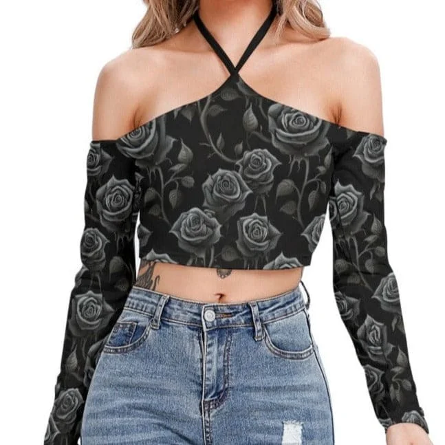 Women's Black Roses Halter Lace-up Long Sleeve Crop Top